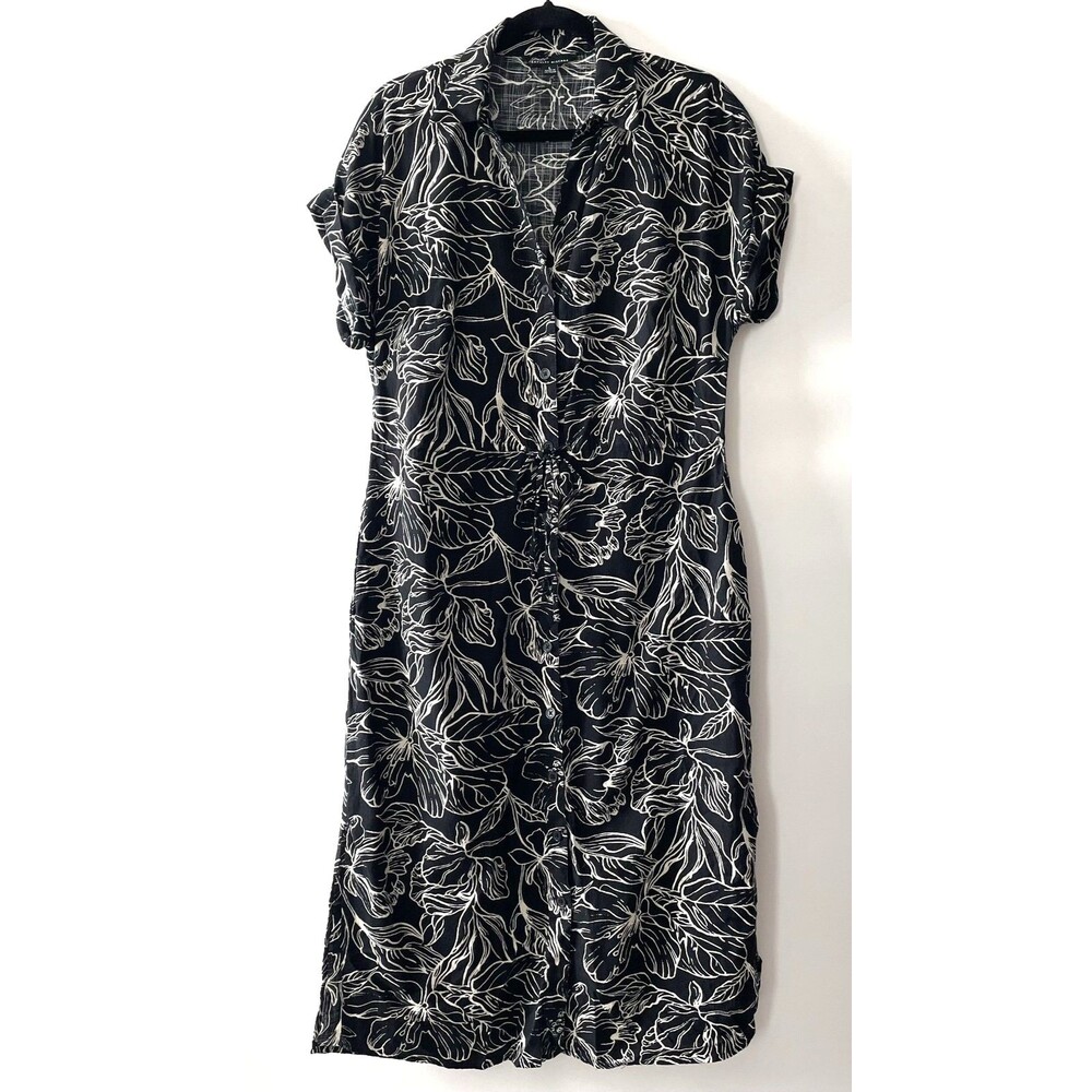 Jewel Badgley Mischka Shirt Dress Floral Black White Button Front Size L -(mpv)